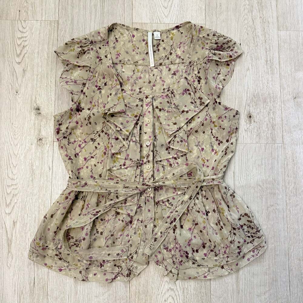 LC Lauren Conrad Women's Floral Ruffle Button-Down Sheer Blouse - Picture 2 of 5
